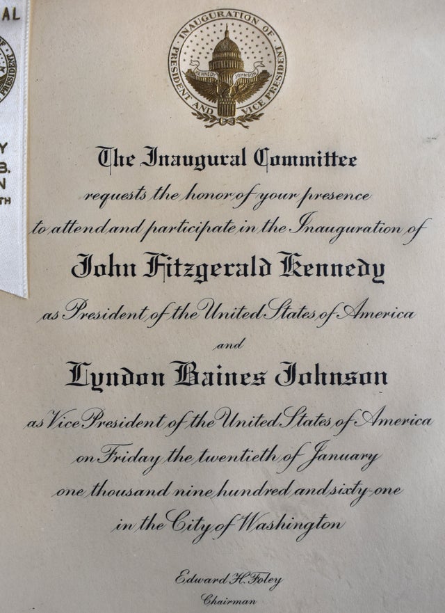 1961 John F Kennedy Inaugural Invitation Buttons & Hostess Badge Framed